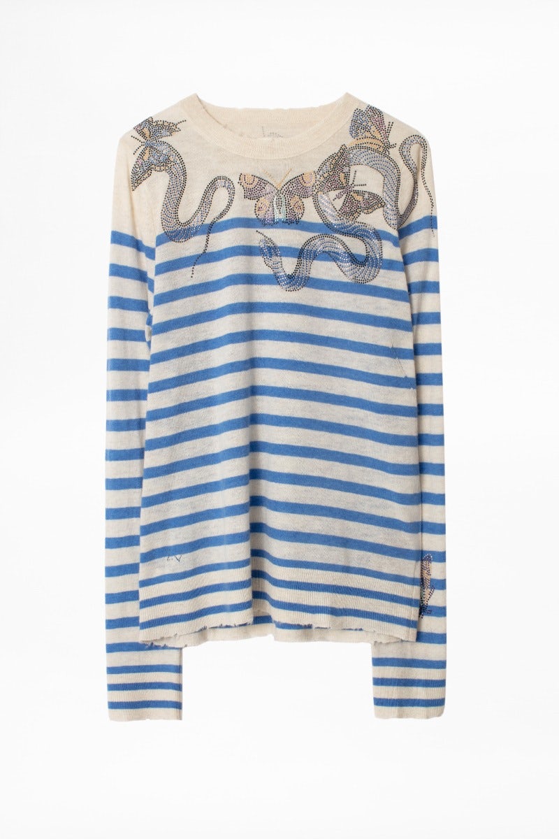 Pull Miss Stripes Multicusto Cachemire - Pull à rayures en cachemire à strass femme.